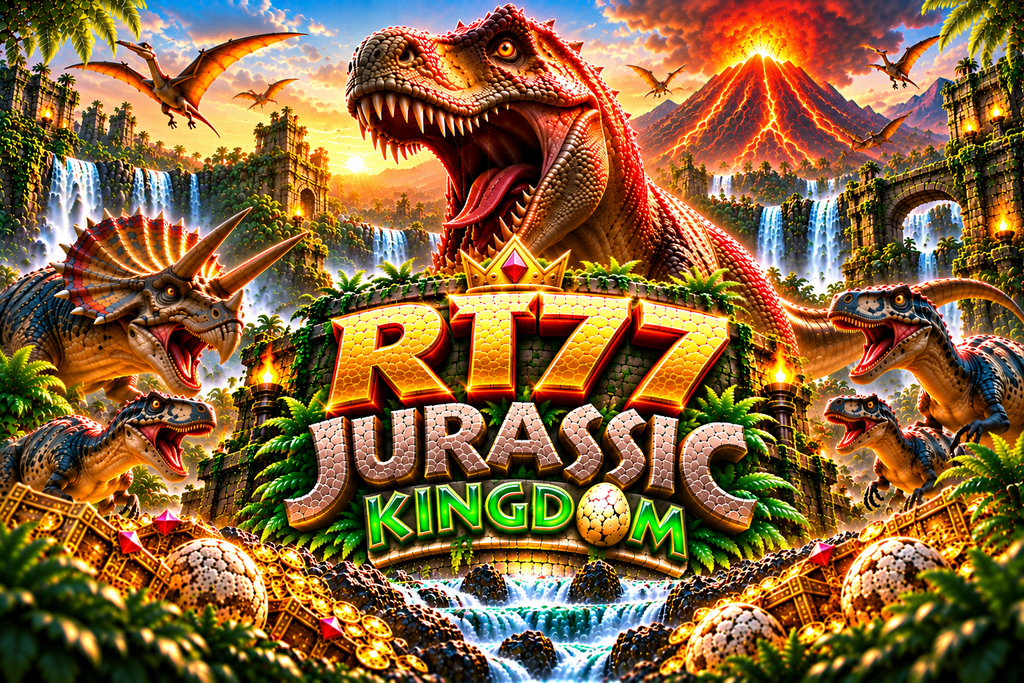 RT77 Jurassic Kingdom with a roaring T-Rex, erupting volcano, triceratops, raptors, dinosaur eggs, jungle ruins, waterfalls, and golden treasure